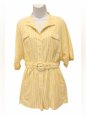 Prosperina Yellow Stripe Belted Romper Shirt Dress Style Size M NWT